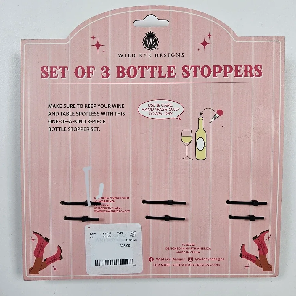 Wine Bottle Stopper Set Of 3 Cowboy Boots Wild Eye Designs NEW Cowgirl Rodeo